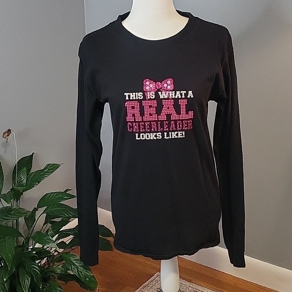 Hanes Black and Pink Long Sleeve Cheerleader Logo Tee - Size S